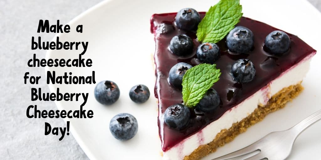 Slice of cheesecake topped with blueberry sauce on a white plate.